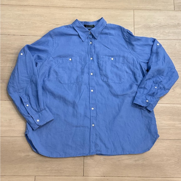 Lauren Ralph Lauren Classic Blue Shirt 100% Linen XL Preppy Old money - Picture 9 of 13
